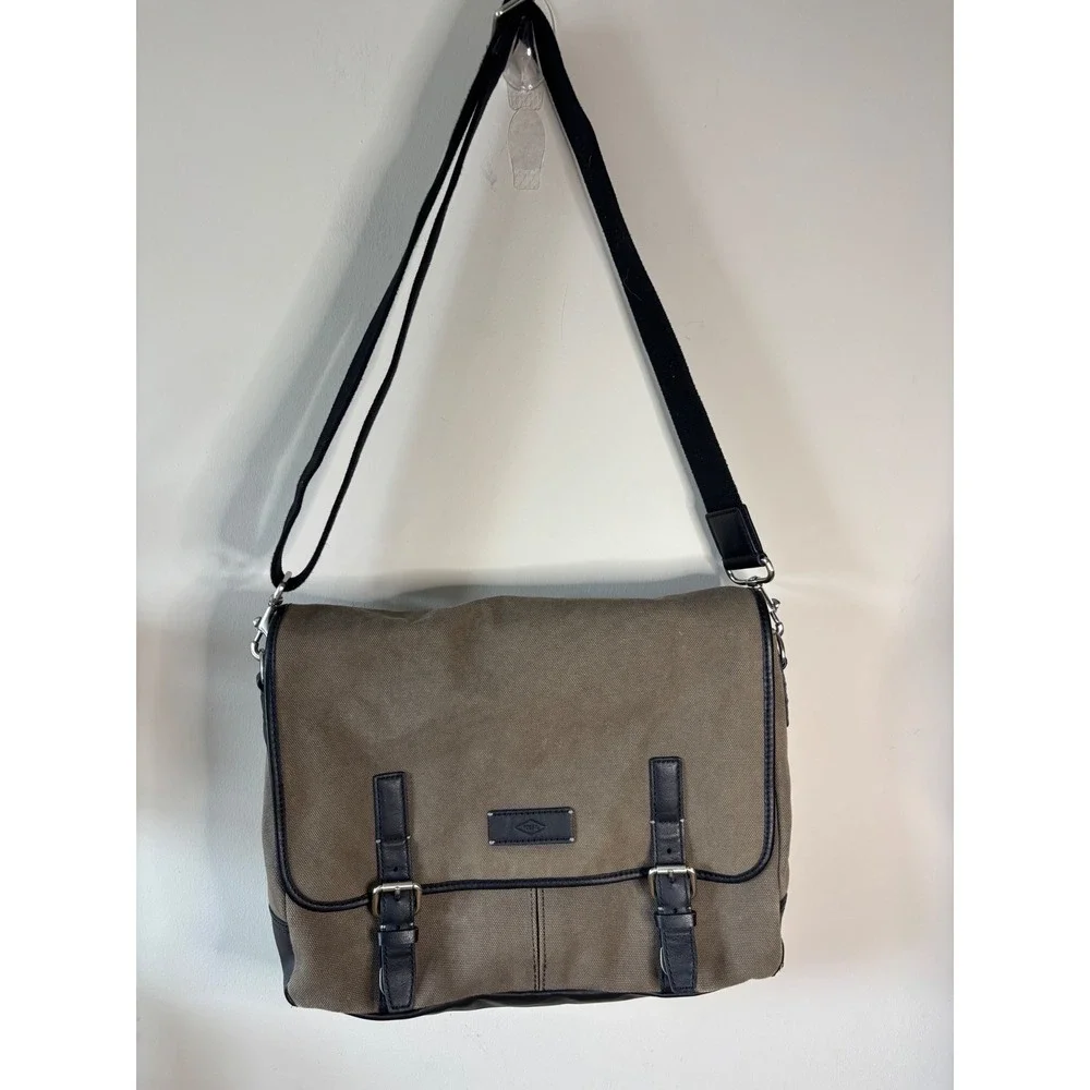 Fossil Messenger Bag Olive Green Canvas Black Trim Crossbody Laptop Satchel
